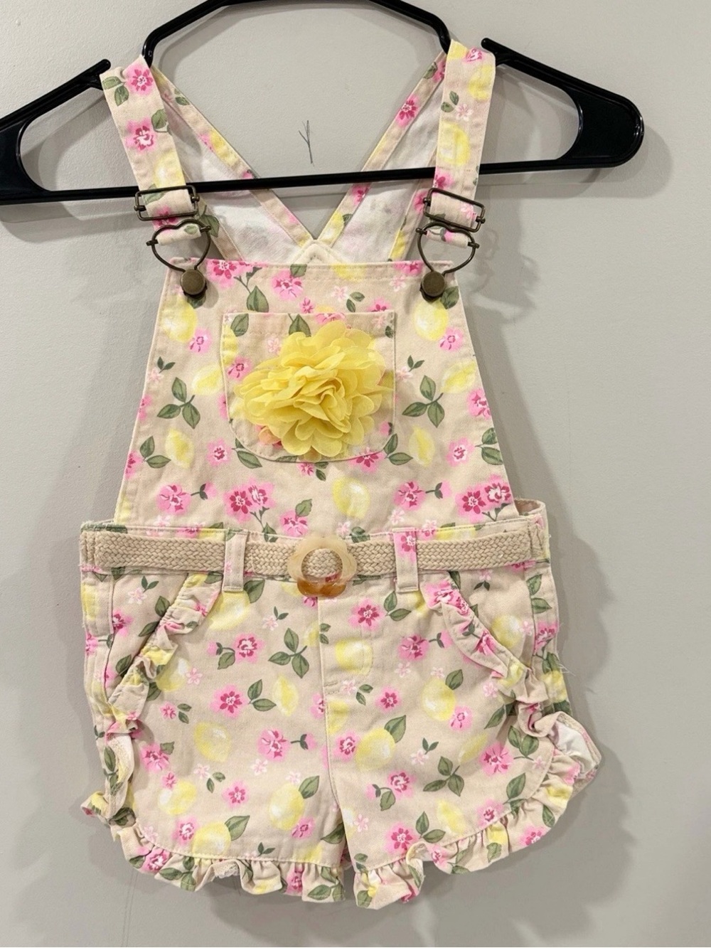 Girls Floral Denim Romper Shortalls Sleeveless Pockets Size 5 White Pink